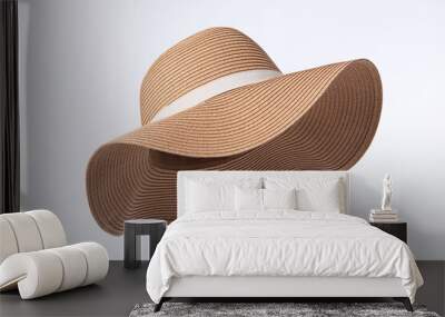 Vintage Panama hat, Womens summer yellow straw hat with the white ribbon isolated on white background. Wall mural