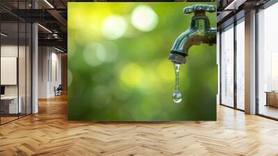 A tap is dripping water, and the water is falling in a steady stream a blurred natural background Wall mural