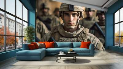 American soldier holding a gun at the army Confident American soldier looking at camera with team in background Generative AI Wall mural