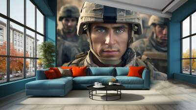 American soldier holding a gun at the army Confident American soldier looking at camera with team in background Generative AI Wall mural