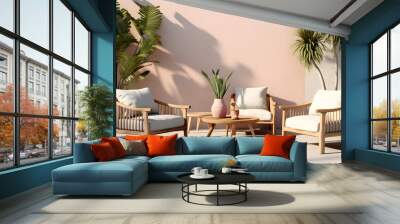 an outdoor living room set of two chairs, two couches, and a small planter with a tropical looking wall Generative AI Wall mural