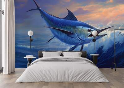 Blue Marlin fish jumping out of ocean water. Generative AI Wall mural