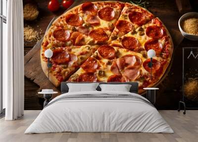 Circle pepperoni pizza with mozzarella cheese and onion on wooden table Generative AI Wall mural