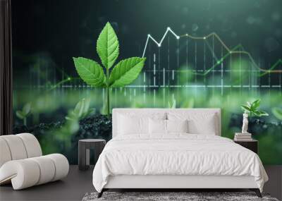 Financial chart with leaves, representing sustainable investment, green economy, eco-friendly finance Wall mural