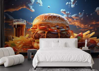 Hamburgers and fast food on the table Background for food advertising Wall mural