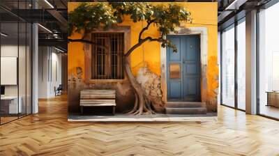 house with yellow walls and wooden door, in the style Wall mural