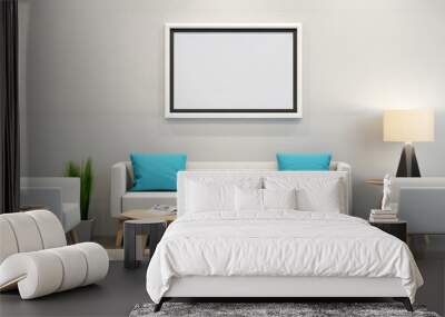 living room with a white couch, two chairs, a coffee table, and a potted plant. The room is decorated with blue pillows and a white wall. The room has a modern and minimalist design Wall mural