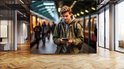 man using smart phone while waiting at railroad station Generative AI Wall mural