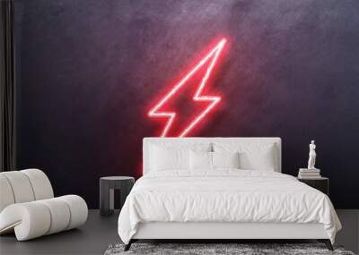 Neon bolt lighting neon sign with power effect animation seamless. Looped. Night bright neon sign, red color billboard, light banner. on texture wall  Wall mural