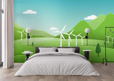 Save the planet. cycle animation of a clean green energy futuristic city using wind turbines. Global warming resources for a bright future. 3D rendering Wall mural