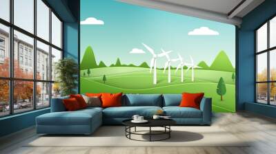 Save the planet. cycle animation of a clean green energy futuristic city using wind turbines. Global warming resources for a bright future. 3D rendering Wall mural