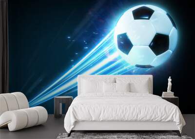 Soccer ball speed fast magic effect in blue flames and lights black background Wall mural