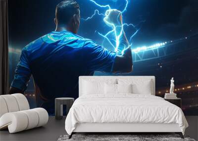 Soccer player holding a lightning bolt in his hand, sports game Wall mural