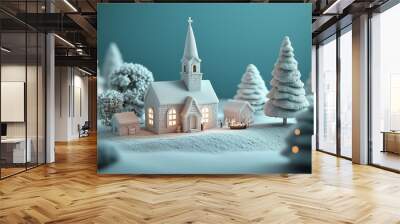 Christmas Eve. pastel claymation of a snow-covered church at night, with soft, glowing windows and a childlike nativity scene outside Wall mural