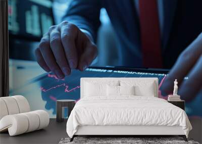 Close-up of a business professional's hands examining financial graphs on a digital tablet. Conceptual image of data analysis, market trends, and investment strategy. Wall mural