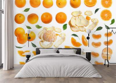 Set of orange, whole, peeled, sliced, orange leaves, skin and seeds isolated on white background Wall mural