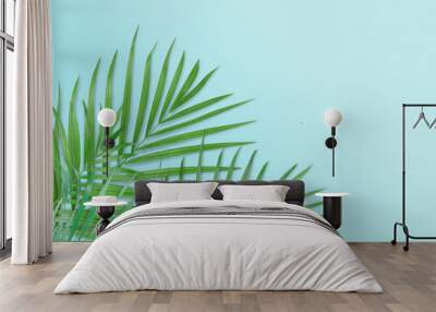 Tropical palm leaves on light blue background. Minimal nature. Summer Styled.  Flat lay.  Image is approximately 5500 x 3600 pixels in size Wall mural