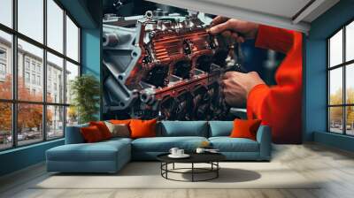 A mechanic in a car factory is installing engines for cars on the production line inside the factory. Wall mural