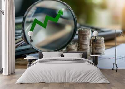 Magnifying glass reveals upward financial graph, coins stacked beside calculator, symbolizing economic growth, investment opportunities, and profitability. Wall mural