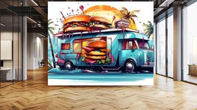 food truck design cartoon with hamburger fast food on summer beach Wall mural