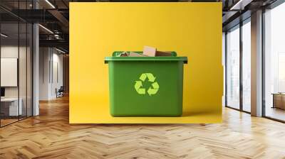 green recycle bin isolated on yellow background Wall mural