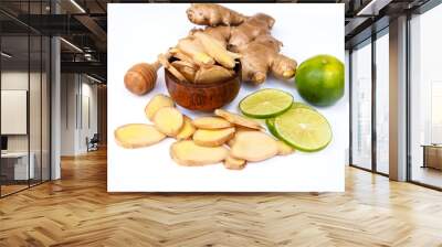 herbs and spices with ginger root and lime lemon citrus and honey isolated on white background. Wall mural