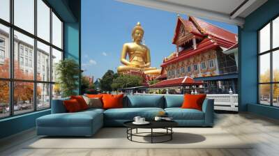 Big Golden Buddha Statue in Wat Pak Nam Phasi Charoen or Pak Nam Temple - It is famous for its large seated Buddha that is the largest in Bangkok Thailand - Travel Sculpture and Architecture Religion  Wall mural