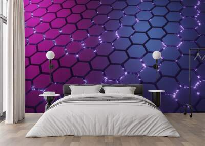 3D hexagon blue and purple background. Hexagonal shapes. Top camera view of honey comb structure geometry. Wall mural