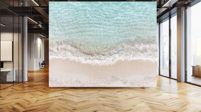 Aerial top view of beautiful tropical white sand beach with wave foam and transparent sea, Summer vacation and Travel background with copy space, Top view from drone Wall mural