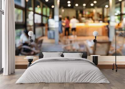 Empty wooden table space platform and blurry defocused restaurant interior, Vintage tone Wall mural