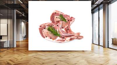 Slice raw pork chop with herb and spices isolated on white background Wall mural