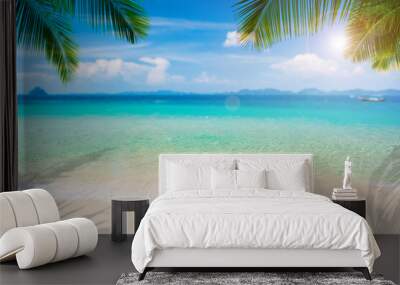 Tropical beautiful white sand beach and blue sky background, Summer vacation concept and copy space Wall mural