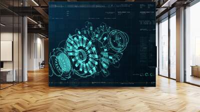 Advance motion graphic futuristic user interface head up display screen with Holographic electromagnetic engine with gravitational fields energy particles wave and digital data telemetry information Wall mural