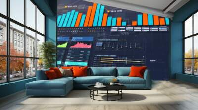 Business stock market, trading, info graphic with animated graphs, charts and data numbers insight analysis to be shown on monitor display screen for business meeting mock up theme Wall mural