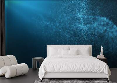 Digital particles floating wave form in the abyss abstract cyber technology de-focus background Wall mural