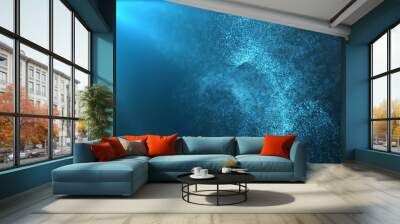 Digital particles floating wave form in the abyss abstract cyber technology de-focus background Wall mural