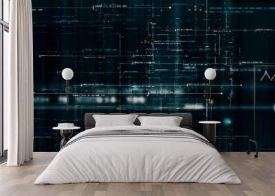 Futuristic abstract de-focus flowing data matrix, telemetry and encrypt numbers display with particles simulation for head up display in cyber space environment background Wall mural