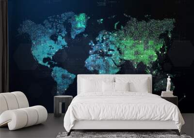 Futuristic global 5G worldwide communication via broadband internet connections between cities around the world with matrix particles continent map for head up display background Wall mural