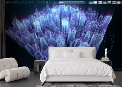 Futuristic holographic city digitally generated image virtual reality matrix particles in cyber space background environment Wall mural