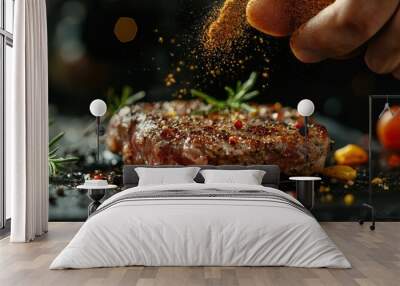 Culinary Innovation - Hand Sprinkling Spices on Cultured Meat Steak, Future Food Concept with Rich Color and Texture Visible Wall mural