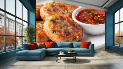 Delicious Thai Fish Cakes with Sweet Chili Sauce on White Plate - Close-up Food Photography Wall mural