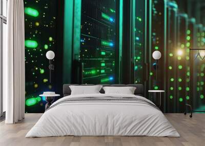 Digital Connectivity: Close-up of Servers in Data Center with Active Data Traffic and Vibrant Green and Blue Lights Wall mural