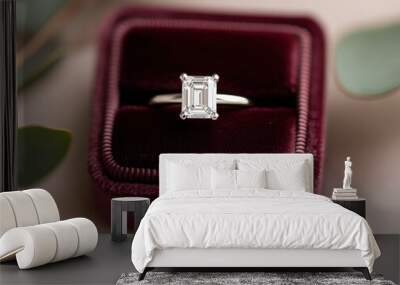 Elegant Emerald Cut Diamond Engagement Ring Displayed Wall mural