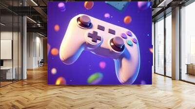 Playful White Game Controller Floating in Cartoonish Surroundings on Vibrant Purple Background Wall mural