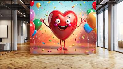 A bright red cartoon heart with a smiling face and outstretched arms, surrounded by confetti and balloons, radiates joy and festive celebration atmosphere. Wall mural