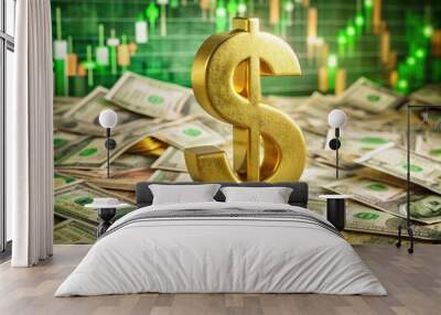 A shiny golden dollar sign symbolizing wealth and prosperity rests on a stack of crumpled US bills against a blurred green financial chart background. Wall mural