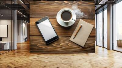 A sleek, modern smartphone with a blank white screen lies on a clean wooden desk, surrounded by scattered notes and a cup of steaming coffee. Wall mural