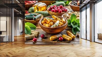 Colourful array of capsules, tablets, and vitamins on a wooden table, representing a diverse range of medications for immune system support and disease prevention. Wall mural