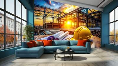 construction manager's cluttered table scattered architectural plans bright yellow hard hats steel beams crisscrossing dramatic lighting warm glow sunset industrial site portrait Wall mural