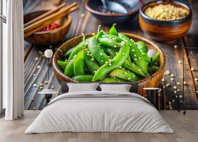 Delicious boiled edamame nibbles, fresh green soybeans ideal for healthy snacks and a delightful addition to Japanese cuisine. Enjoy nutritious flavor in every bite! Wall mural